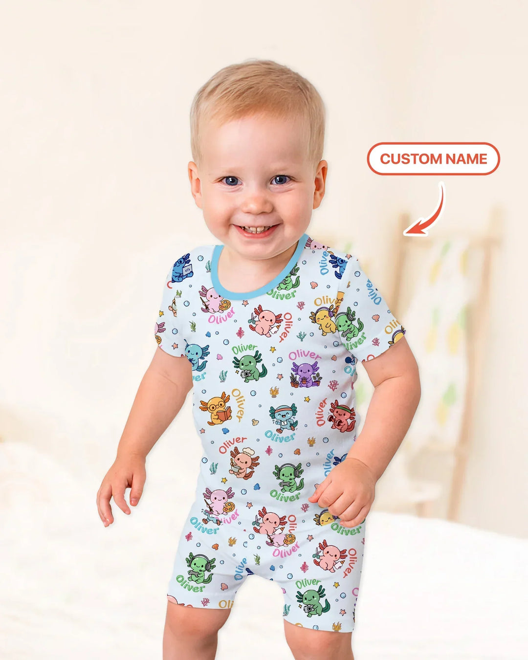 Custom Name Cute Hobby Axolotl Two Piece Short Sleeve Shorts Pajama Set
