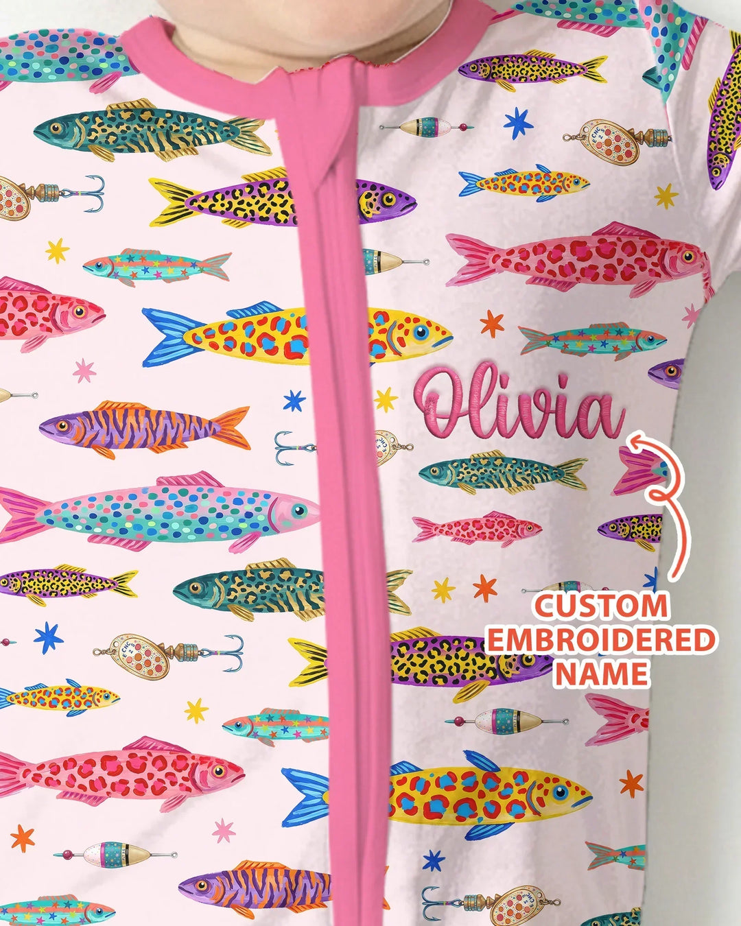 Custom Name Embroidered Colorful Fish Bamboo Convertible Zippy