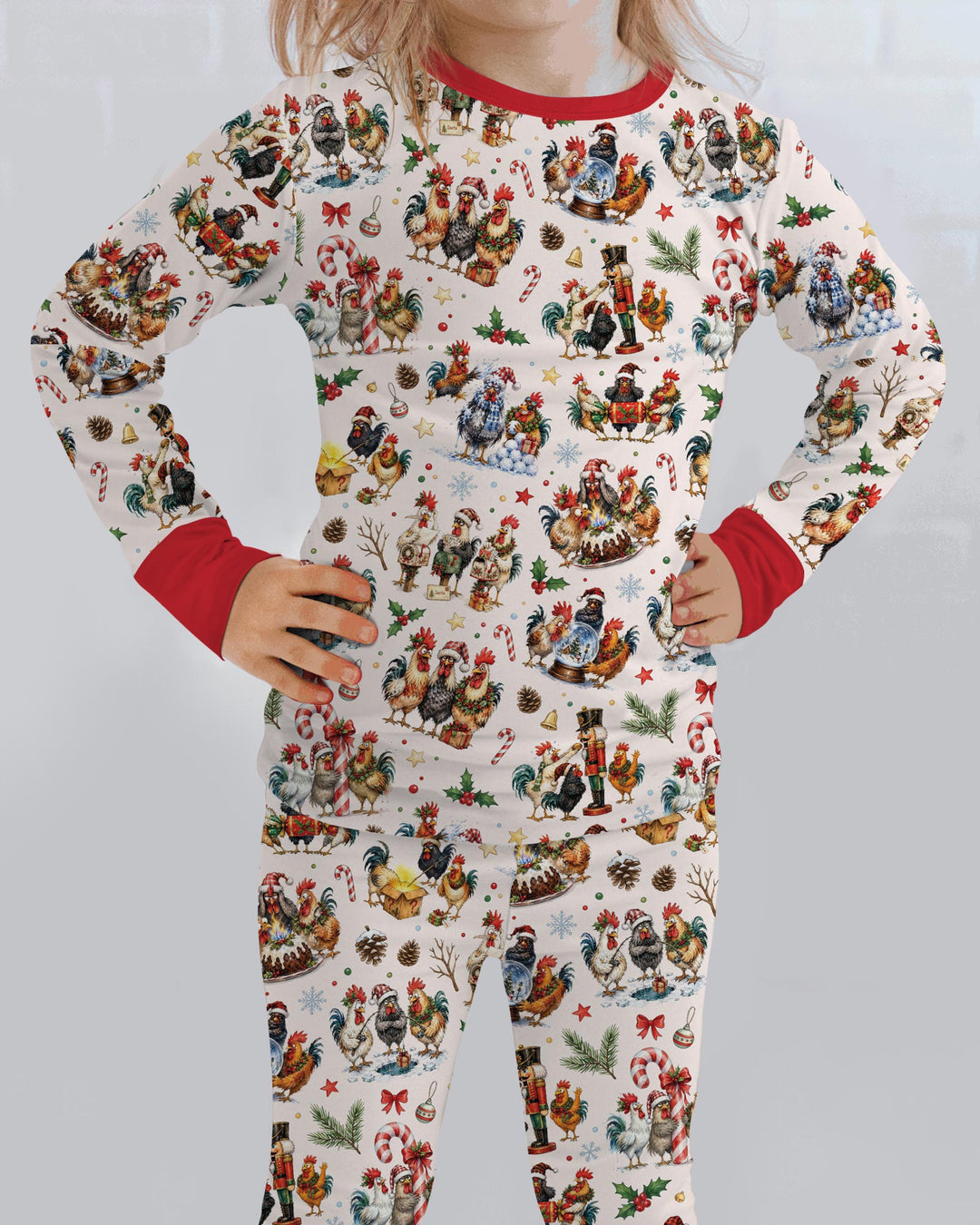 Funny Roosters On Christmas Bamboo Two Piece Long Sleeve Pajama Set