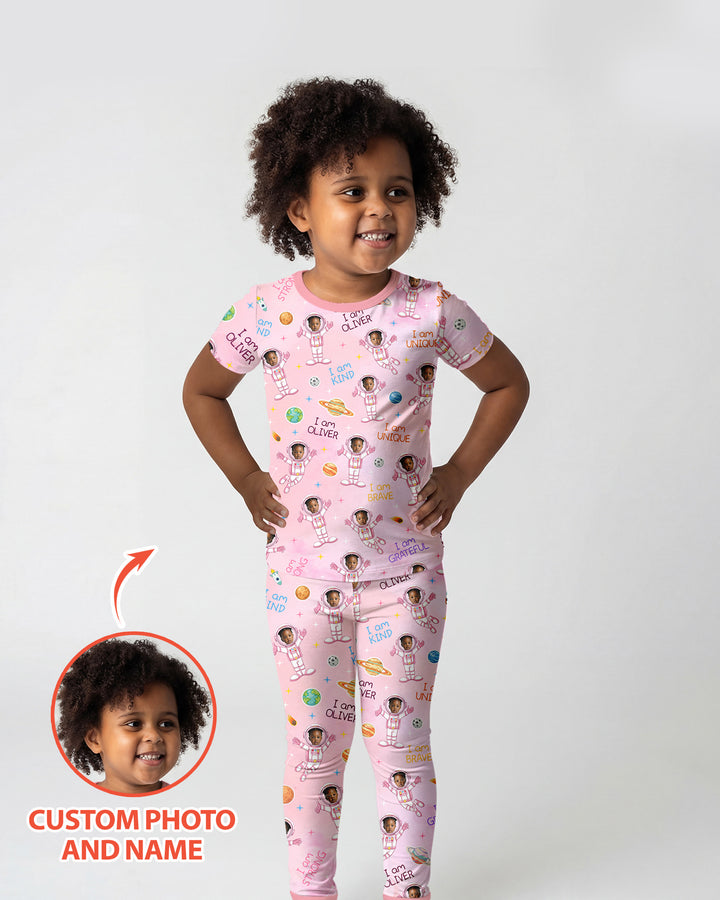 Custom Photo Kid Affirmations I Am Kind Astronaut Bamboo Two Piece Short Sleeve Shorts Pajama Set