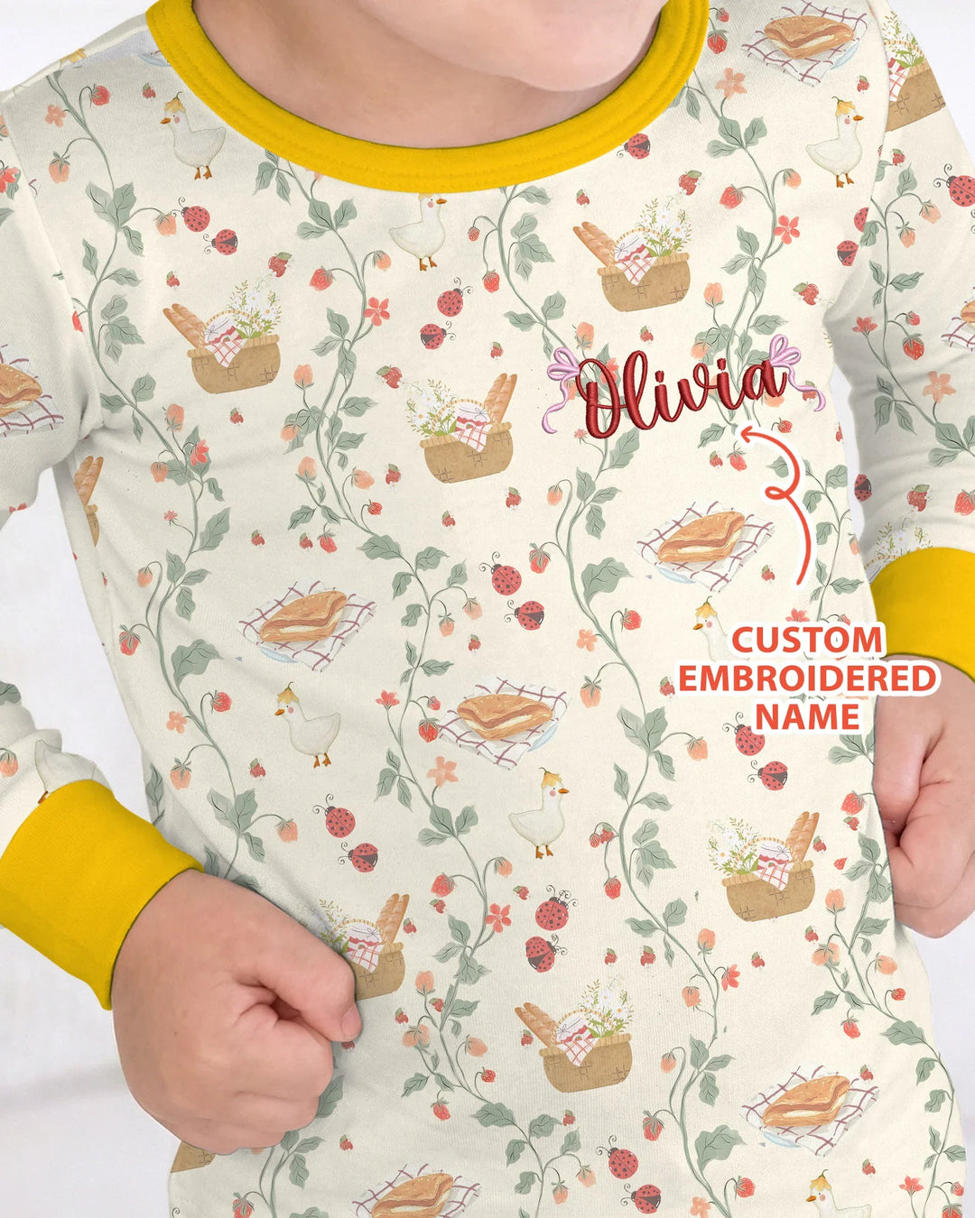 Custom Name Embroidered Picnic Time Bamboo Two Piece Long Sleeve Pajama Set
