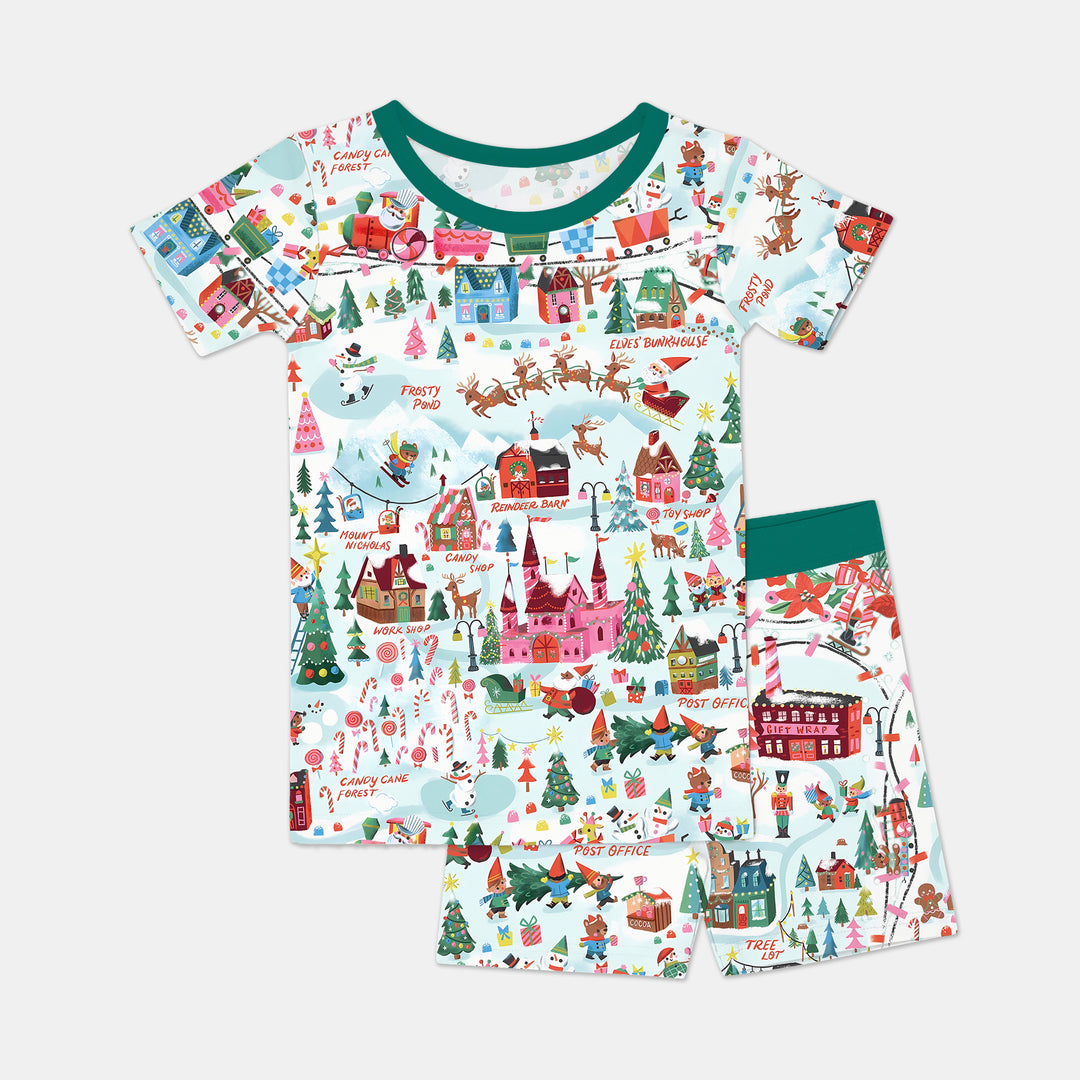 Santa's City Maps Two Piece Short Sleeve Shorts Pajama Set
