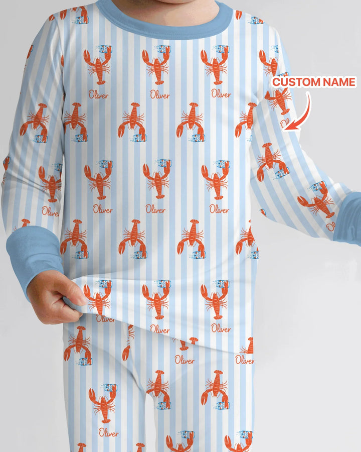 Conjunto de pijama de dos piezas de bambú de manga larga con nombre personalizado, diseño de cerveza y cangrejo de río