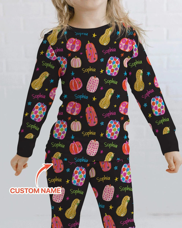 Custom Name Colorful Pumpkin Bamboo Two Piece Long Sleeve Pajama Set