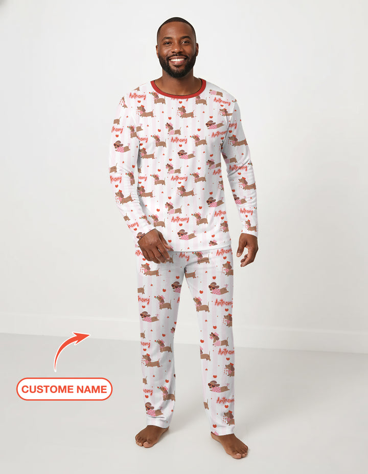 Custom Name Valentine Dachshund Family Matching Men's Pajama Set