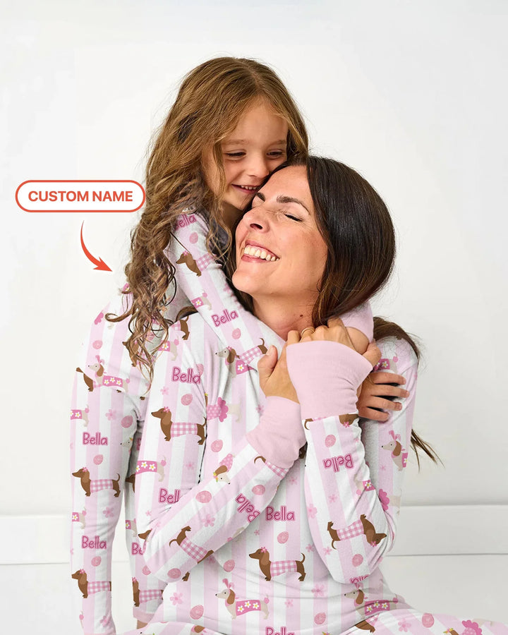 Custom Name Easter Dachshunds Family Matching Two Piece Long Sleeve Pajama Set