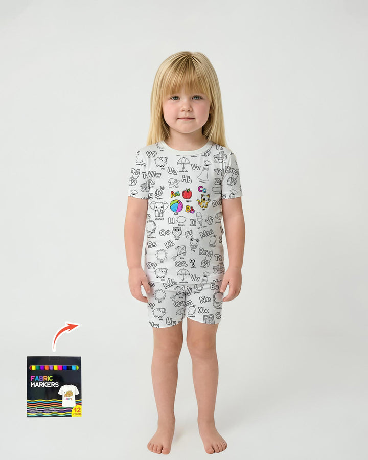 All Colorable Alphabet Two Piece Short Sleeve Shorts Pajama Set