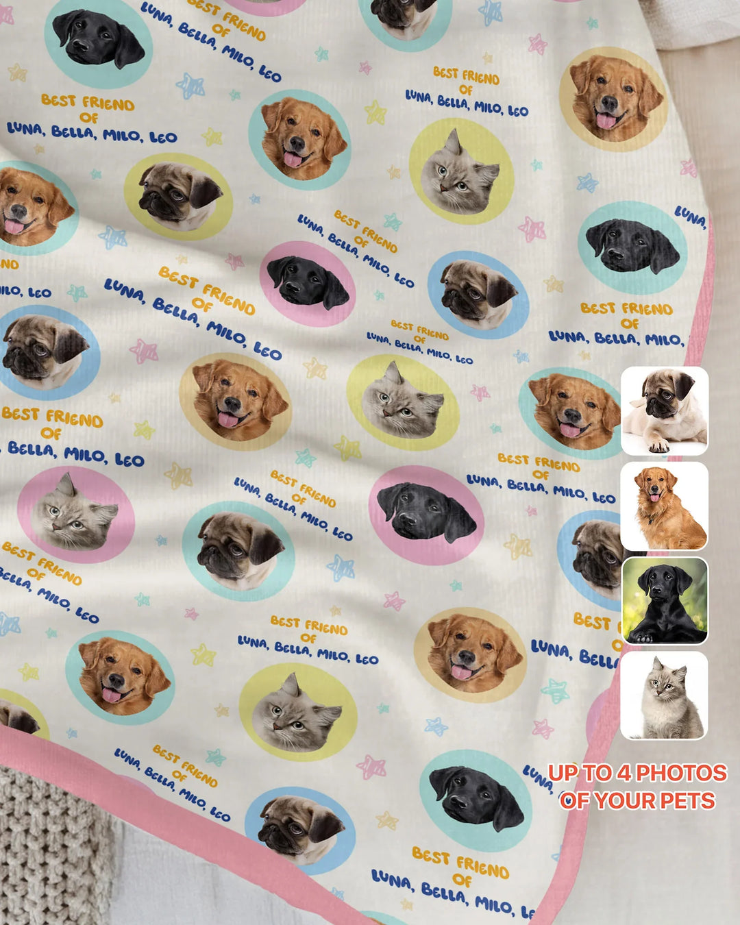 Manta de bambú personalizada con nombre y fotos de mascota para mejor amigo/a
