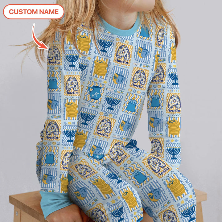 Custom Name Hanukkah Wonderland Two Piece Long Sleeve Pajama Set