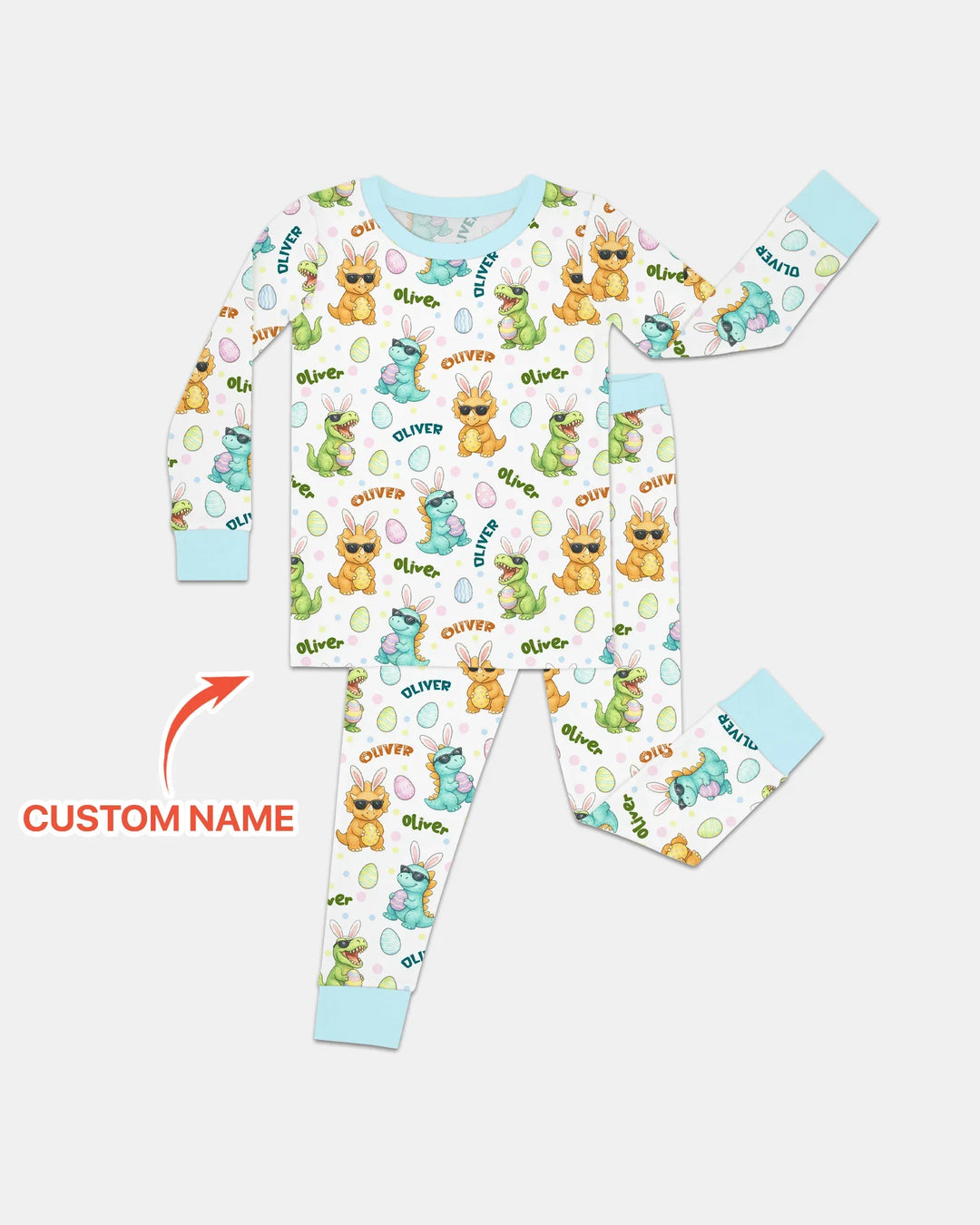Custom Name Dinosaur on the Hunt Two Piece Long Sleeve Pajama Set