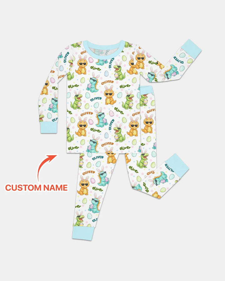 Custom Name Dinosaur on the Hunt Two Piece Long Sleeve Pajama Set