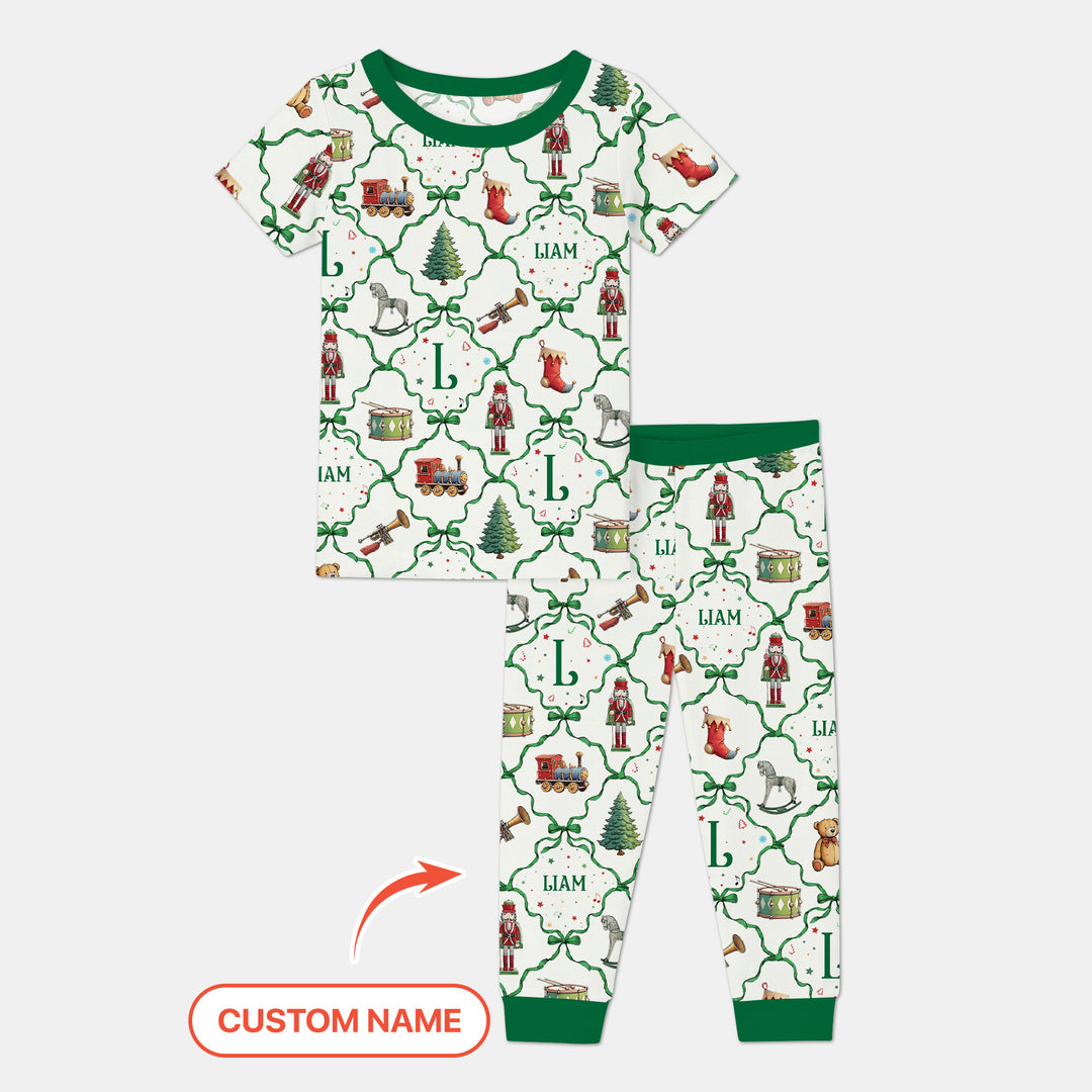 Vintage Christmas Toy Custom Name Boy Two Piece Short Sleeve Pajama Set , Vintage Christmas Toy Custom Name Boy Two Piece Short Sleeve Pajama Set - 12-18M
