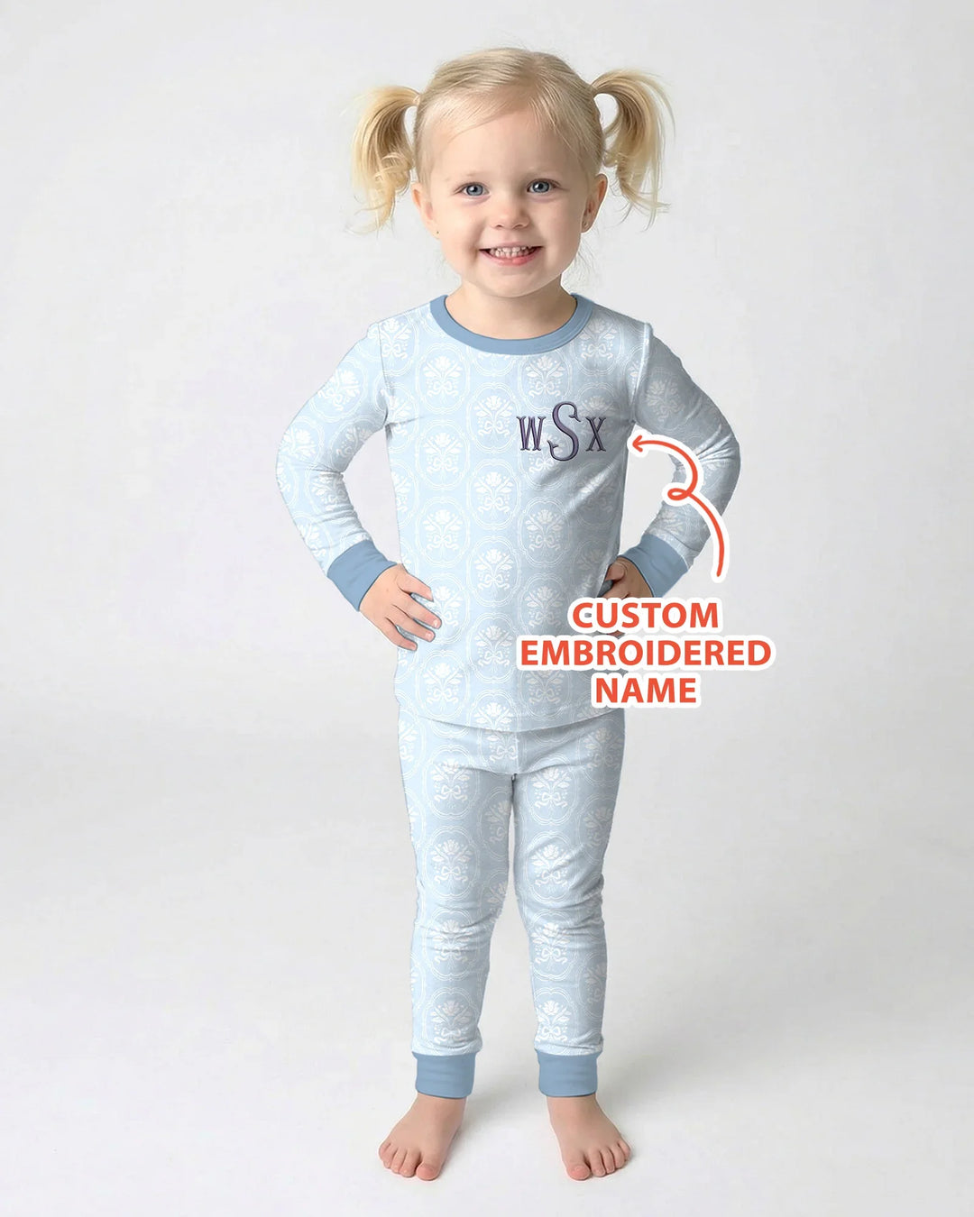 Conjunto de pijama de bambú de dos piezas de manga larga bordado con flores personalizado para bebé