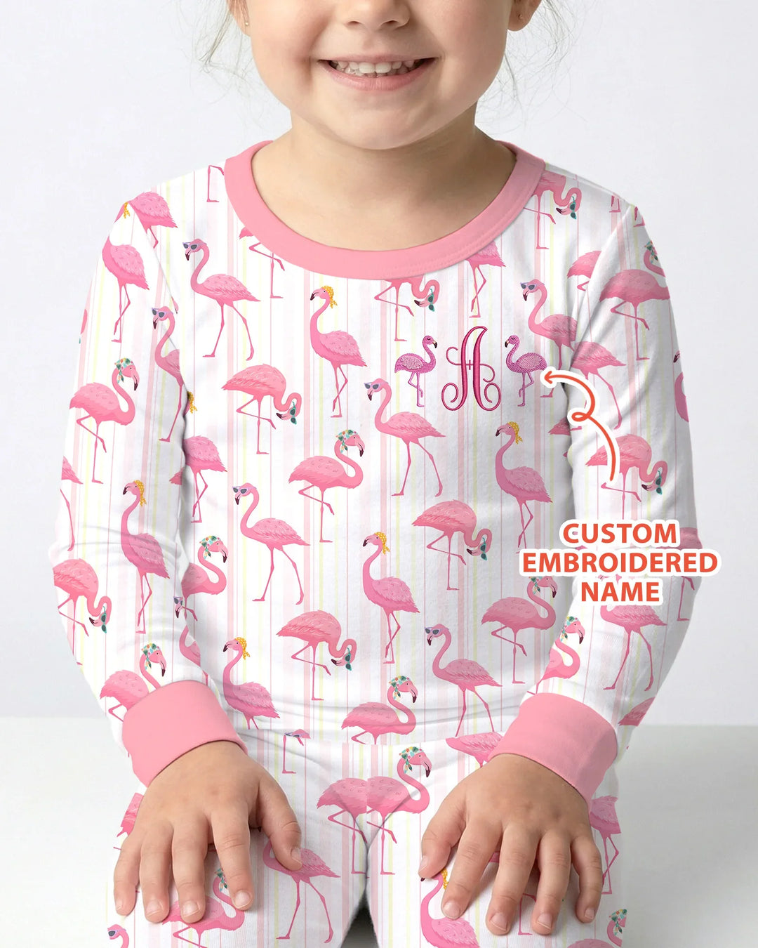 Custom Name Embroidered Flamingo Bamboo Two Piece Long Sleeve Pajama Set
