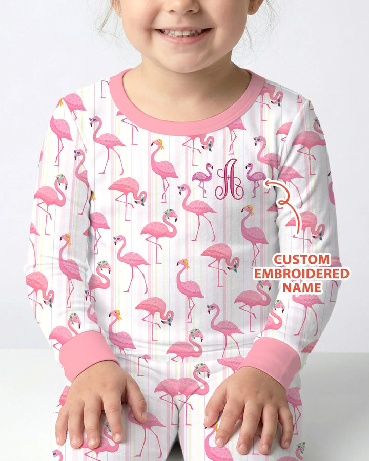 Custom Name Embroidered Flamingo Bamboo Two Piece Long Sleeve Pajama Set