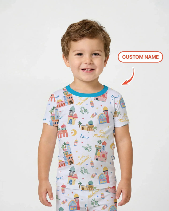 Eid Mubarak Custom Name Two Piece Short Sleeve Pajama Set