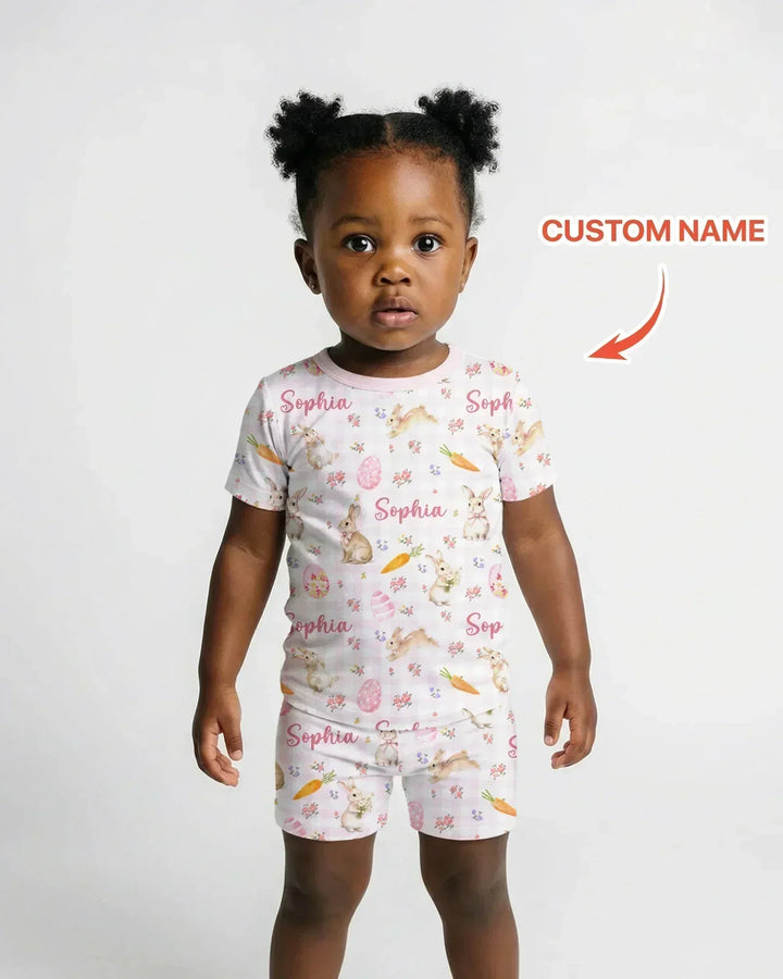 Custom Name Bunny Garden Two Piece Short Sleeve Shorts Pajama Set
