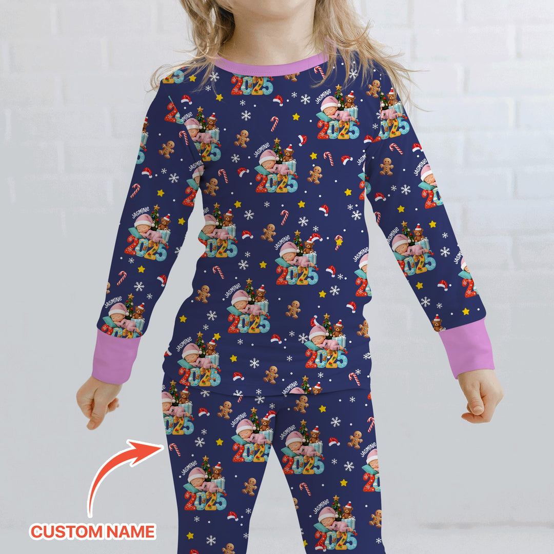 Custom Name Baby Girl's First Christmas  Two Piece Long Sleeve Pajama Set