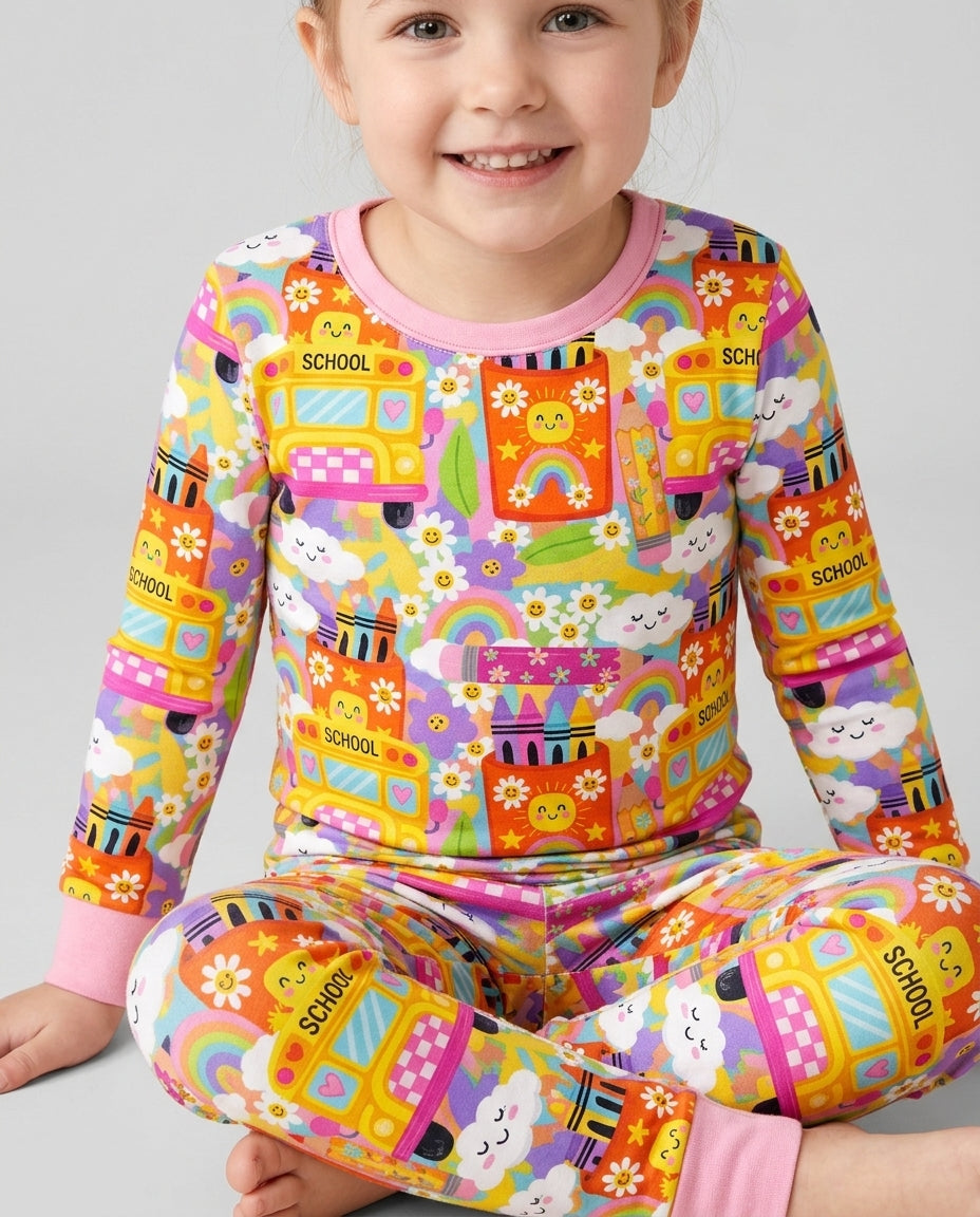 Retro Happy Classroom Bamboo Two Piece Long Sleeve Pajama Set