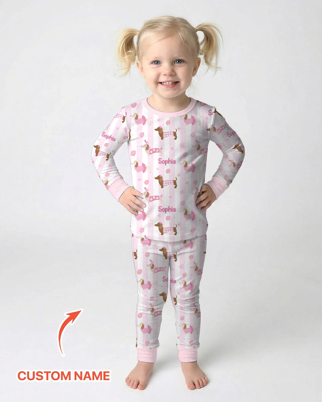 Custom Name Easter Dachshunds Family Matching Two Piece Long Sleeve Pajama Set