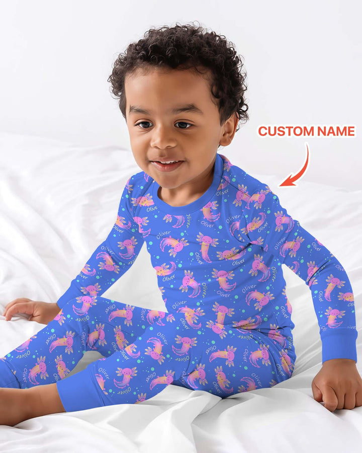 Pijama de dos piezas de manga larga de bambú con nombre personalizado y diseño de ajolote que brilla en la oscuridad