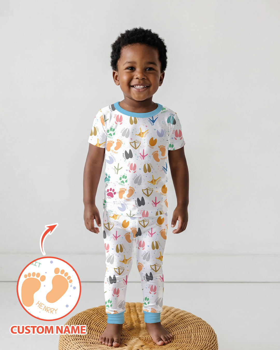Cute Farm Animal Tracks Custom Name Bamboo Two Piece Short Sleeve Pajama Set
