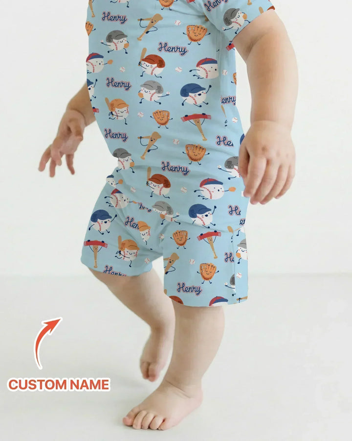 Custom Name Ballparl Family Matching Bamboo Two Piece Short Sleeve Shorts Pajama Set