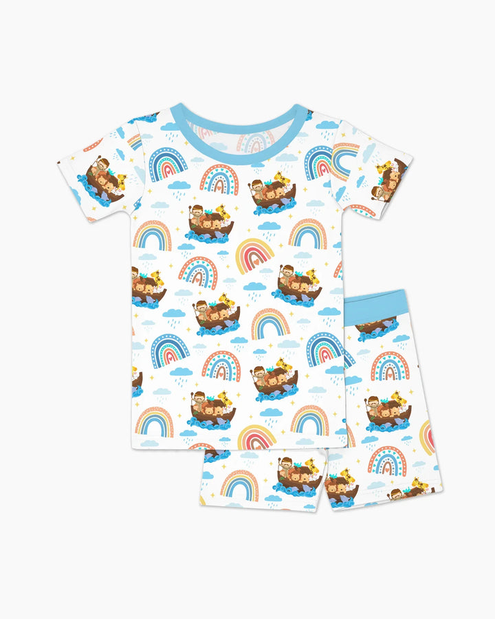 Conjunto de pijama de dos piezas de pantalón corto y manga corta "El Arca de Noé y la promesa del arcoíris de Dios"