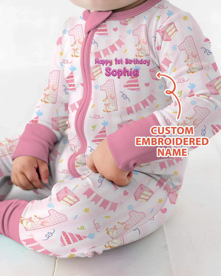 1st Birthday Girl Embroidered Baby Bamboo Convertible Zippy