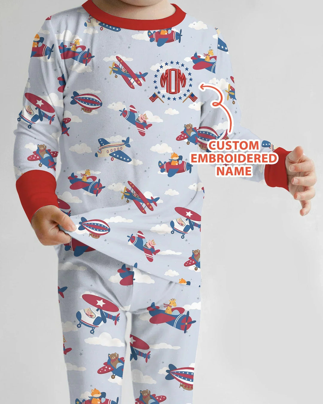 Custom Name Embroidered American Pilot  Bamboo Two Piece Long Sleeve Pajama Set