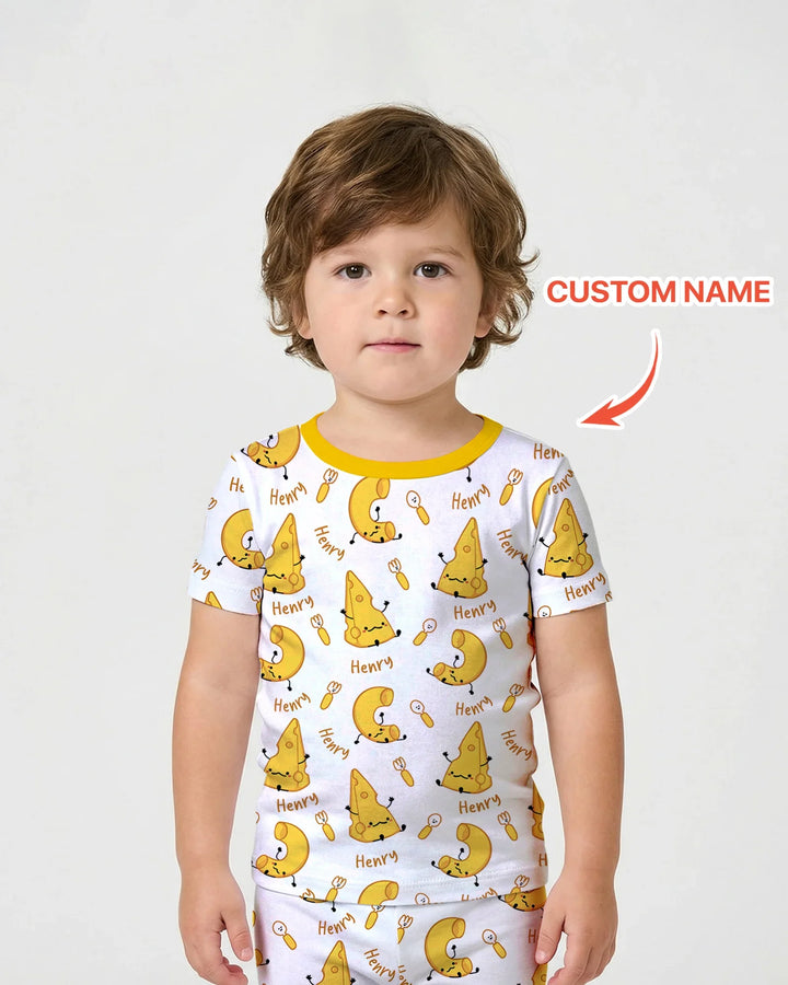 Conjunto de pijama de dos piezas de bambú de manga corta con pantalones cortos y nombre personalizado "Mac & Cheese Club"