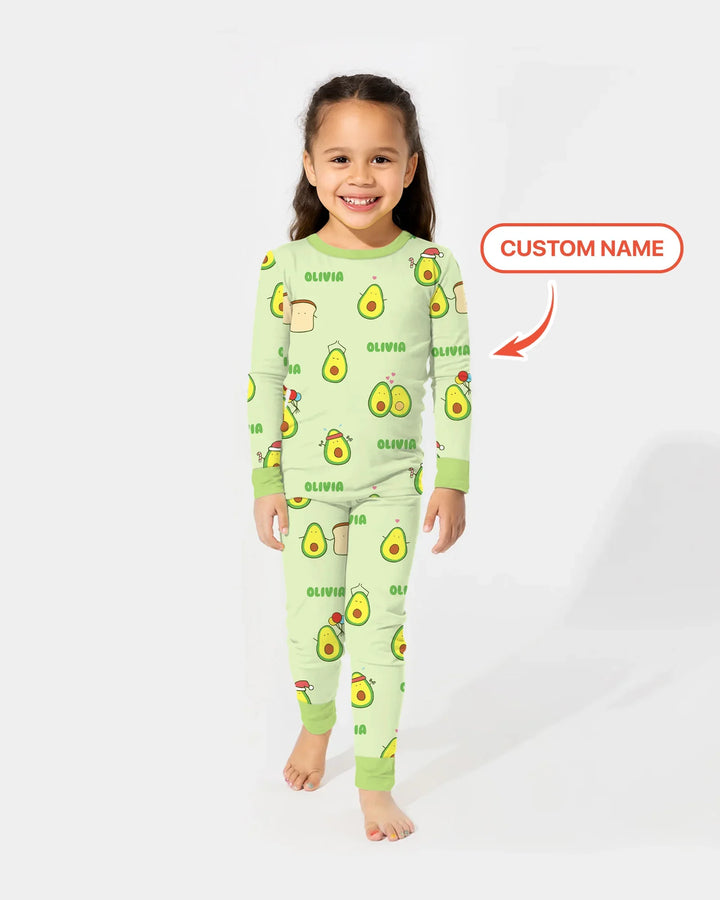 Custom Name Cute Avocado Two Piece Long Sleeve Pajama Set