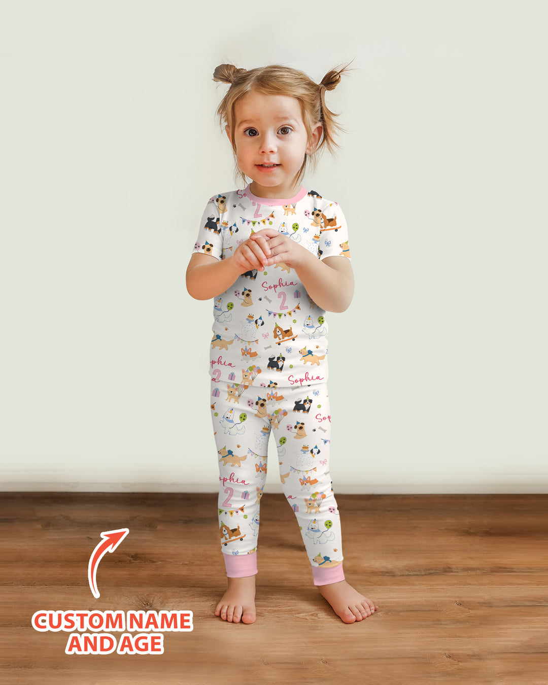 Custom Name Birthday Dogs Party Bamboo Two Piece Short Sleeve Pajama Set