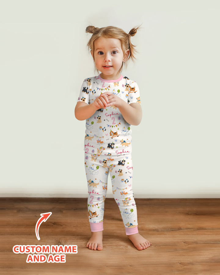 Custom Name Birthday Dogs Party Bamboo Two Piece Short Sleeve Pajama Set