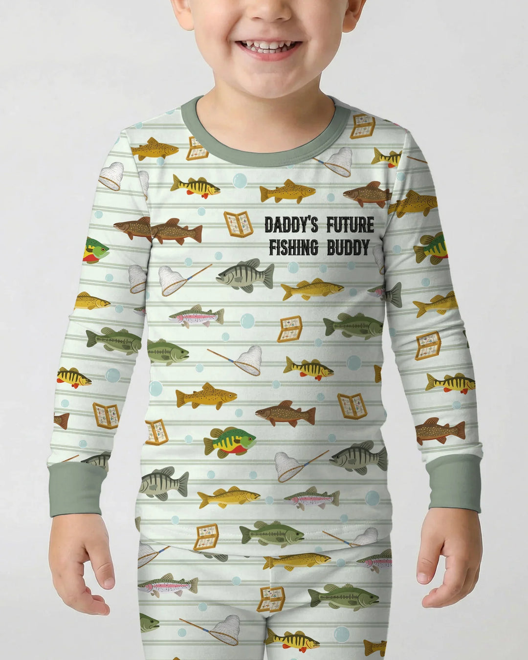 Embroidered Fishing Dad And Me Matching Bamboo Two Piece Long Sleeve Pajama Set