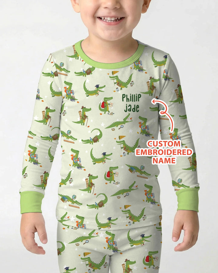 Pijama de dos piezas de bambú con caimán bordado y nombre personalizado de manga larga