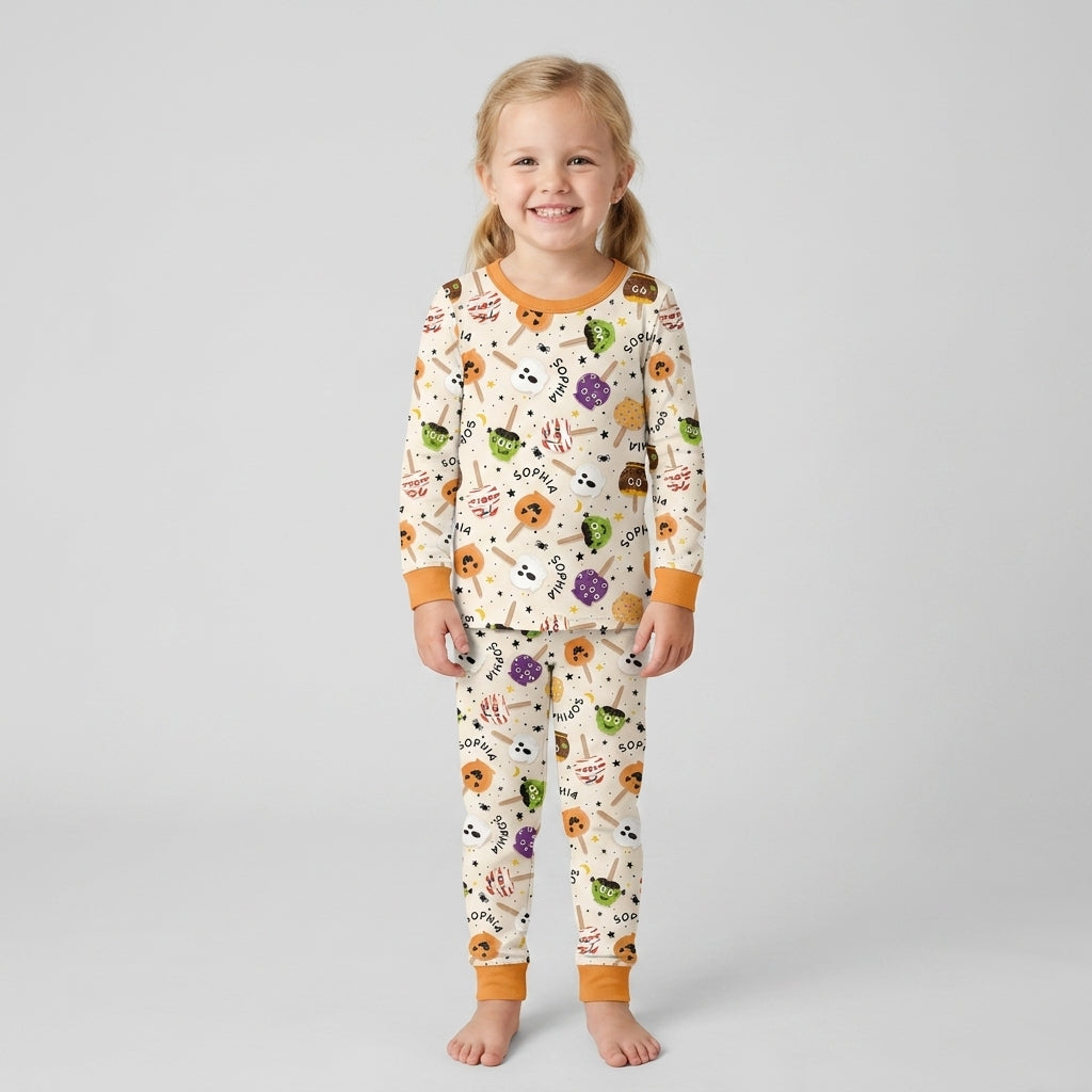 Custom Name Halloween Treats Bamboo Two Piece Long Sleeve Pajama Set