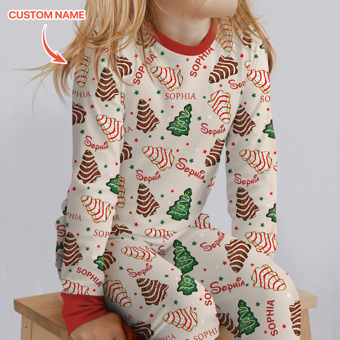 Christmas Tree Cake Custom Name Two Piece Long Sleeve Pajama Set