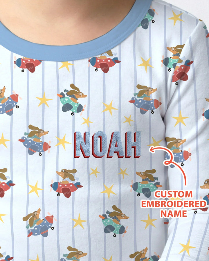 Custom Name Embroidered Dachshund Pilot Bamboo Two Piece Long Sleeve Pajama Set