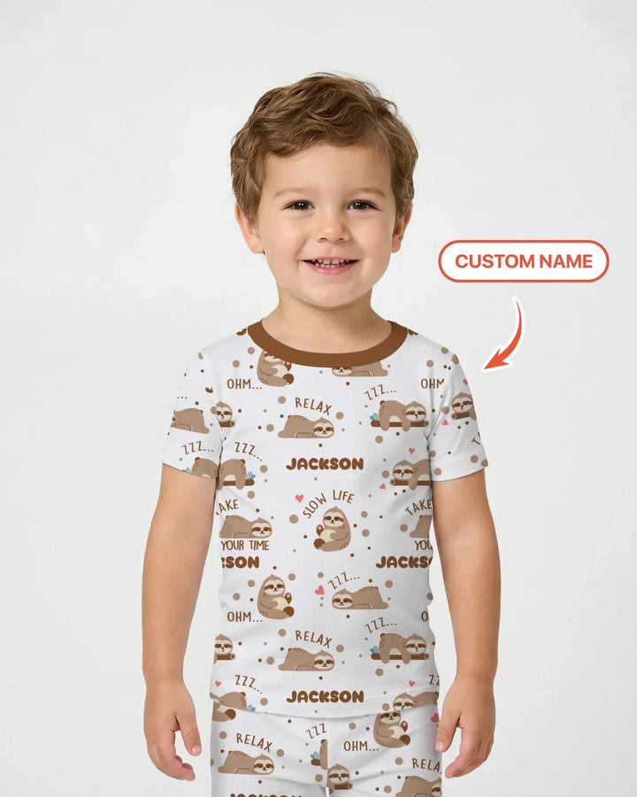 Custom Name Cute Sloth Two Piece Short Sleeve Pajama Set