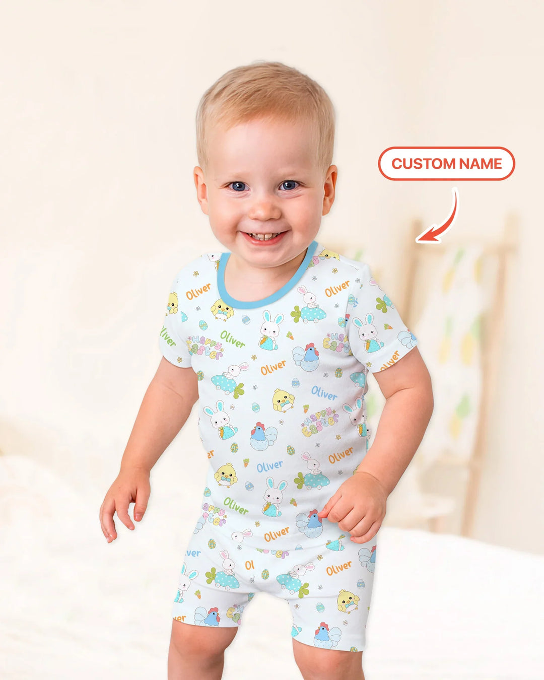 Custom name Happy Easter Two Piece Short Sleeve Shorts Pajama Set