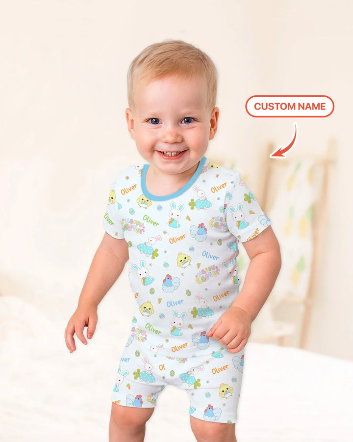 Custom name Happy Easter Two Piece Short Sleeve Shorts Pajama Set