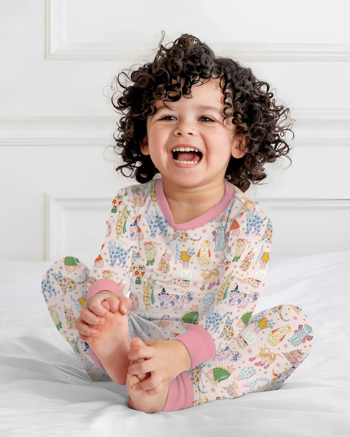Whimsical Cat Parade Two Piece Long Sleeve Pajama Set