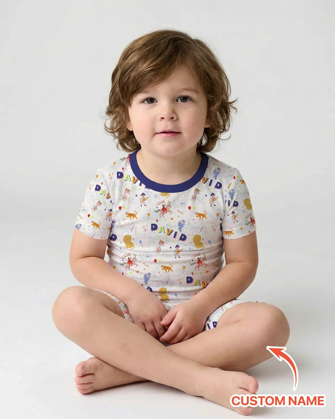 Custom Name Circus Toile Bamboo Two Piece Short Sleeve Shorts Pajama Set