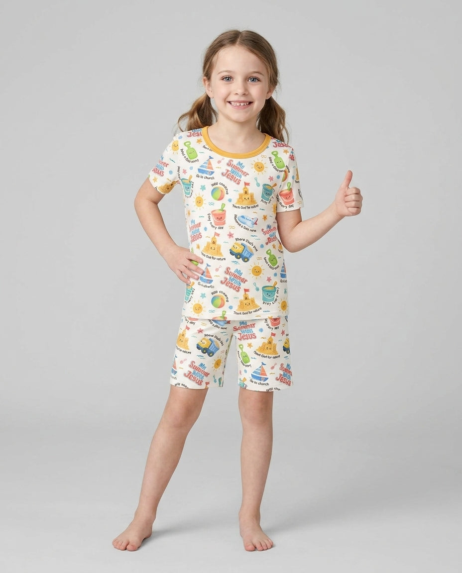 Colorful Summer Beach With Jesus Bamboo Two Piece Short Sleeve Shorts Pajama Set