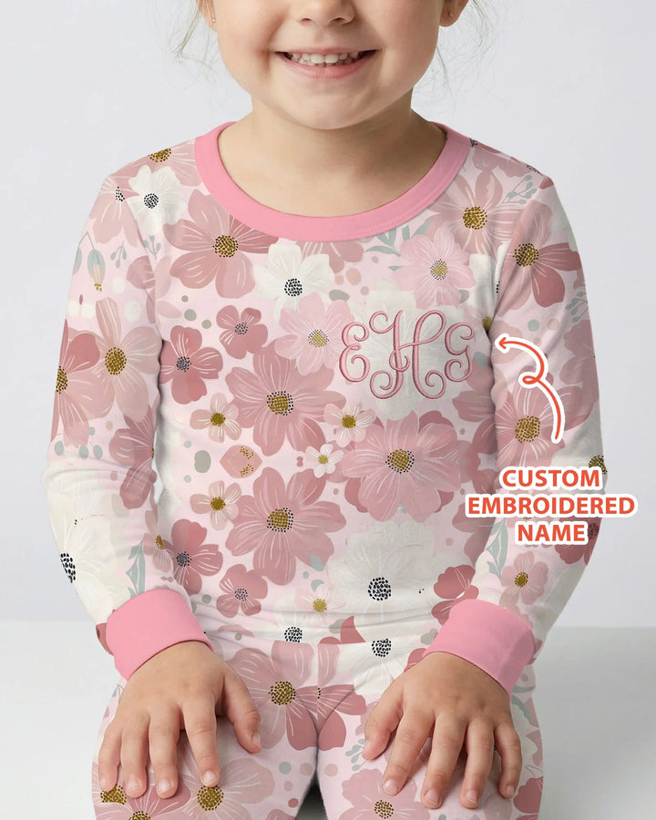 Pijama de dos piezas de manga larga de bambú floral con nombre bordado personalizado