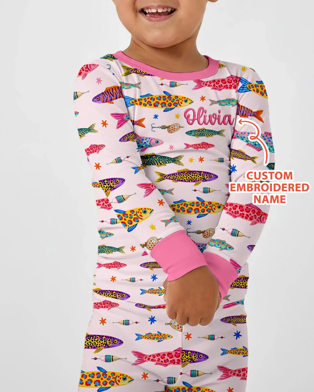 Pijama de dos piezas de bambú de manga larga con bordado de nombre personalizado de peces de colores