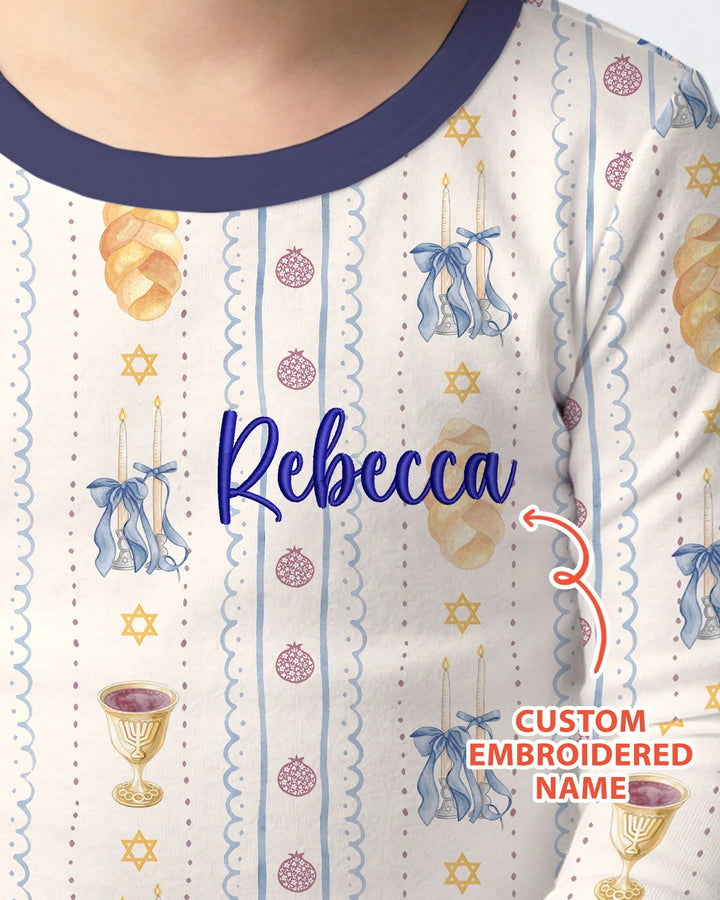 Custom Embroidered Name Shabbat Matching With Mom Bamboo Two Piece Long Sleeve Pajama Set