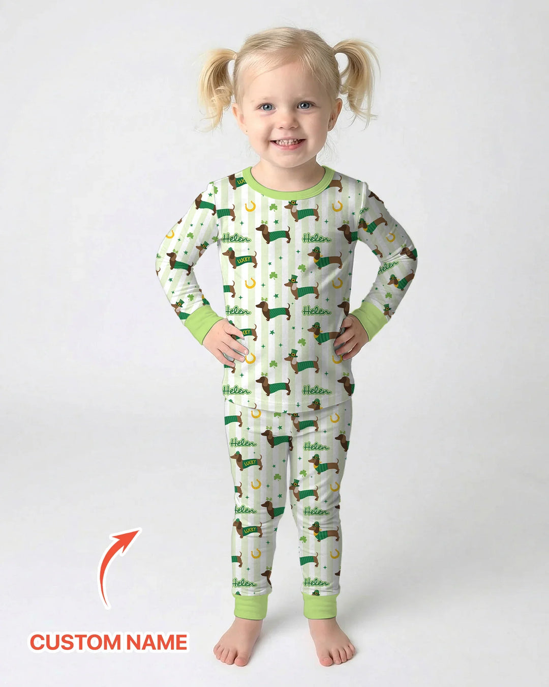 Lucky Dachshunds St. Patrick's Day Family Matching Two Piece Long Sleeve Pajama Set