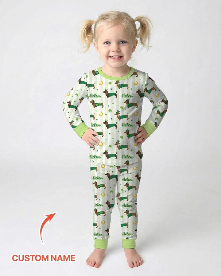 Lucky Dachshunds St. Patrick's Day Family Matching Two Piece Long Sleeve Pajama Set